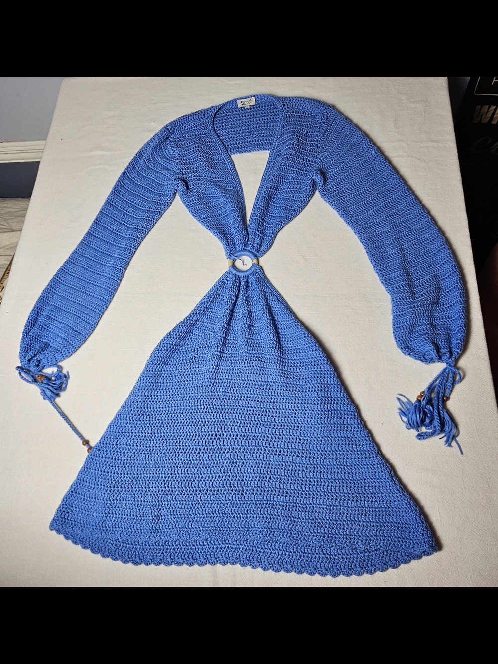 Beginning Boutique Sky Blue Crochet Mini Dress with Long Sleeves